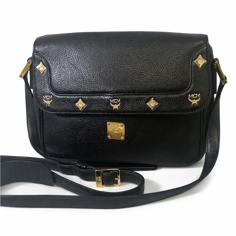 MCM Black Leather Crossbody Bag  with Gold Details